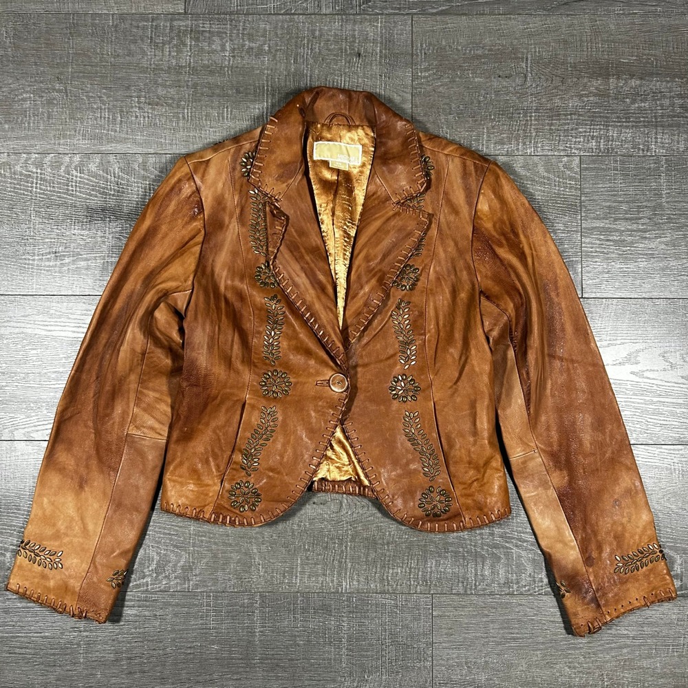 Michael Kors Leather Blazer Womens Medium Brown Good Studded Western Whipstitch